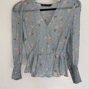 Zara Blue Puff Sleeve Peplum Blouse XS